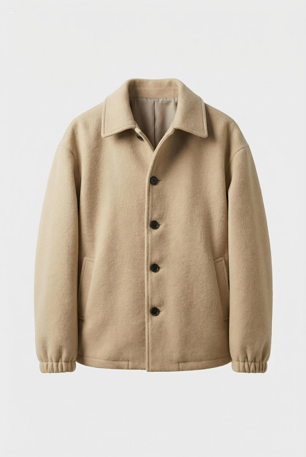 Beige jacket with black buttons on a light gray background