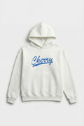 White hoodie with 'Cherry' text in blue on a light gray background