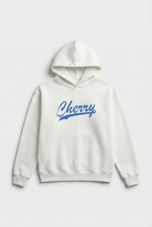 White hoodie with 'Cherry' text in blue on a light gray background