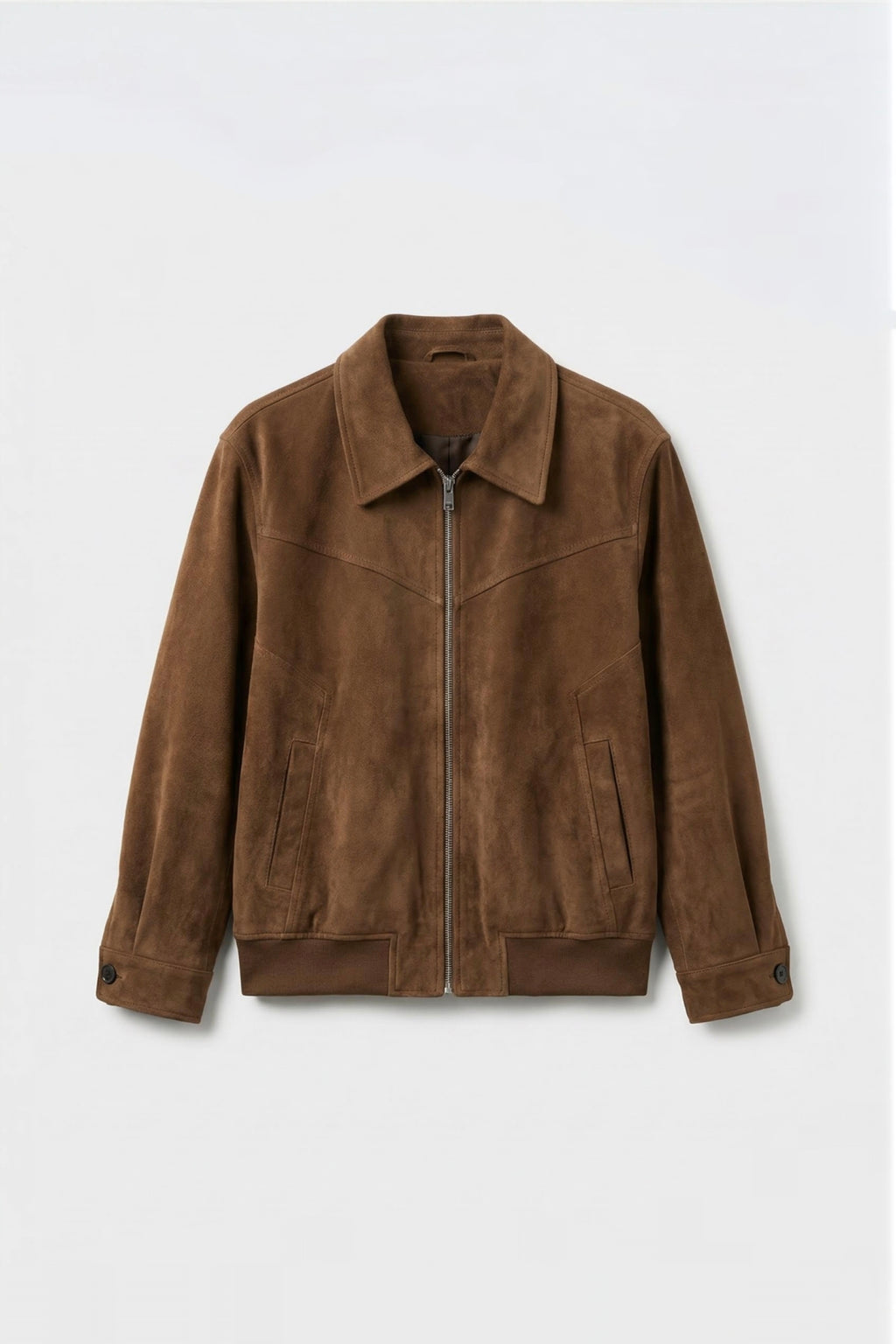 Brown suede jacket on a light gray background