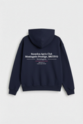 Navy hoodie with white text on the back against a light gray background