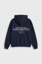 Navy hoodie with white text on the back against a light gray background