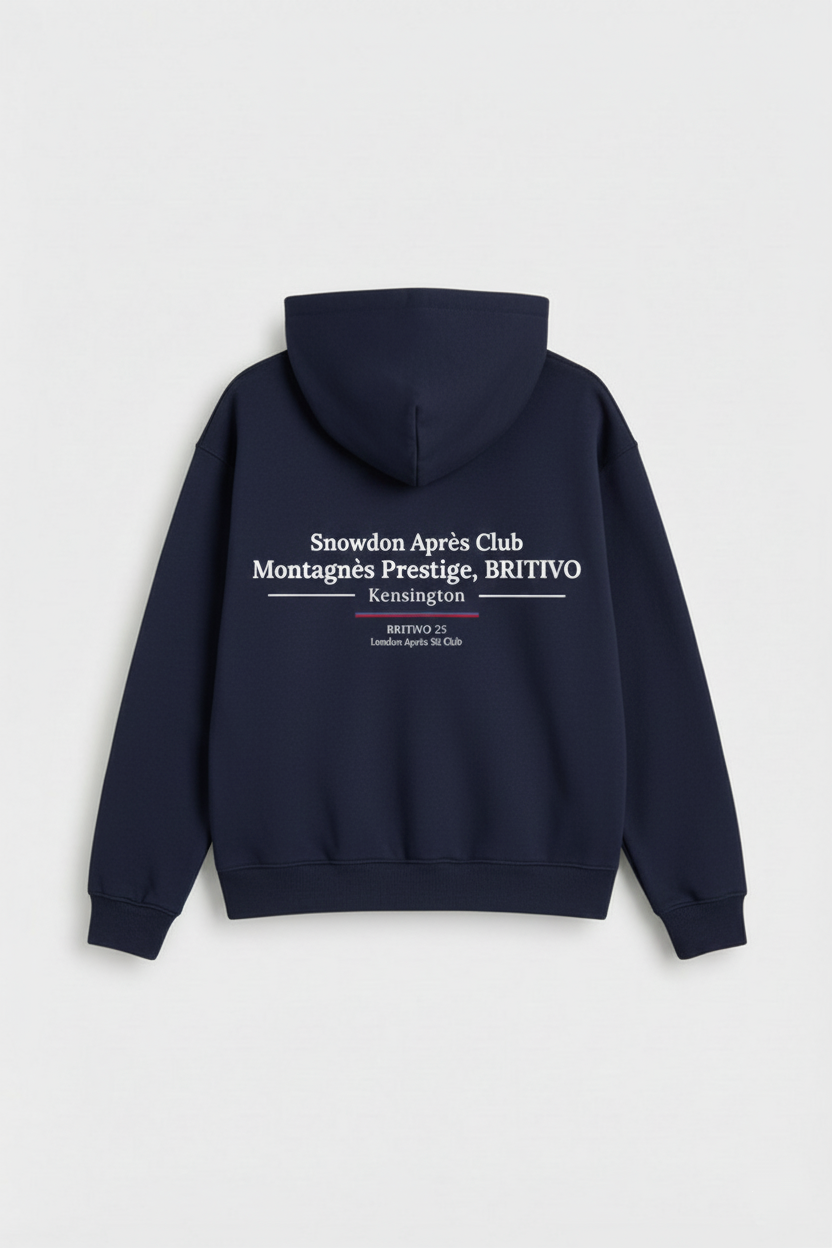 Navy hoodie with white text on the back against a light gray background