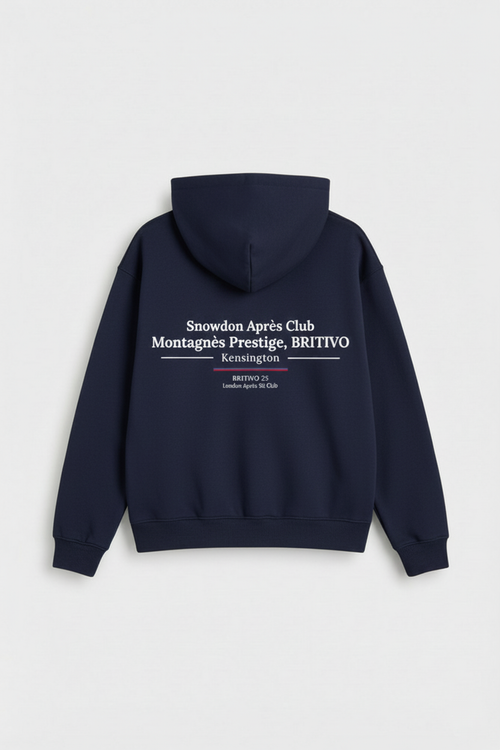 Navy hoodie with white text on the back against a light gray background