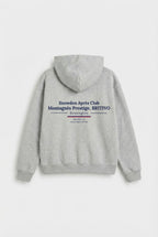 Gray hoodie with text on the back against a white background