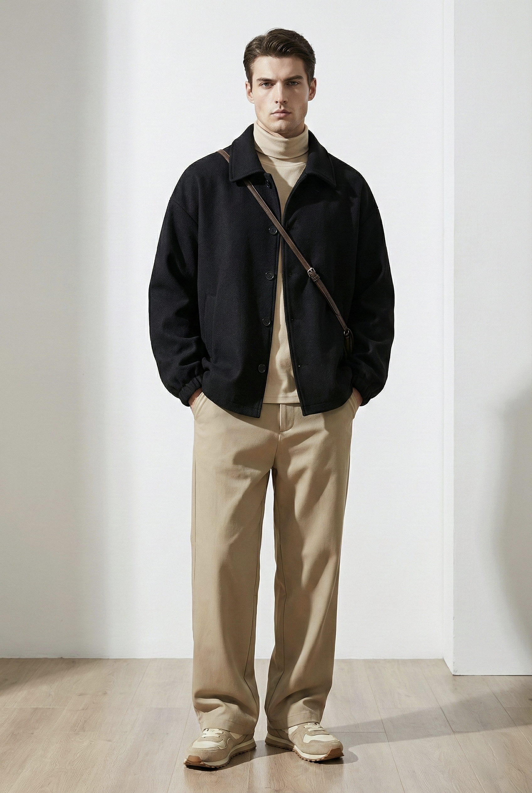 Man wearing a dark jacket, beige sweater, and pants standing against a white wall.