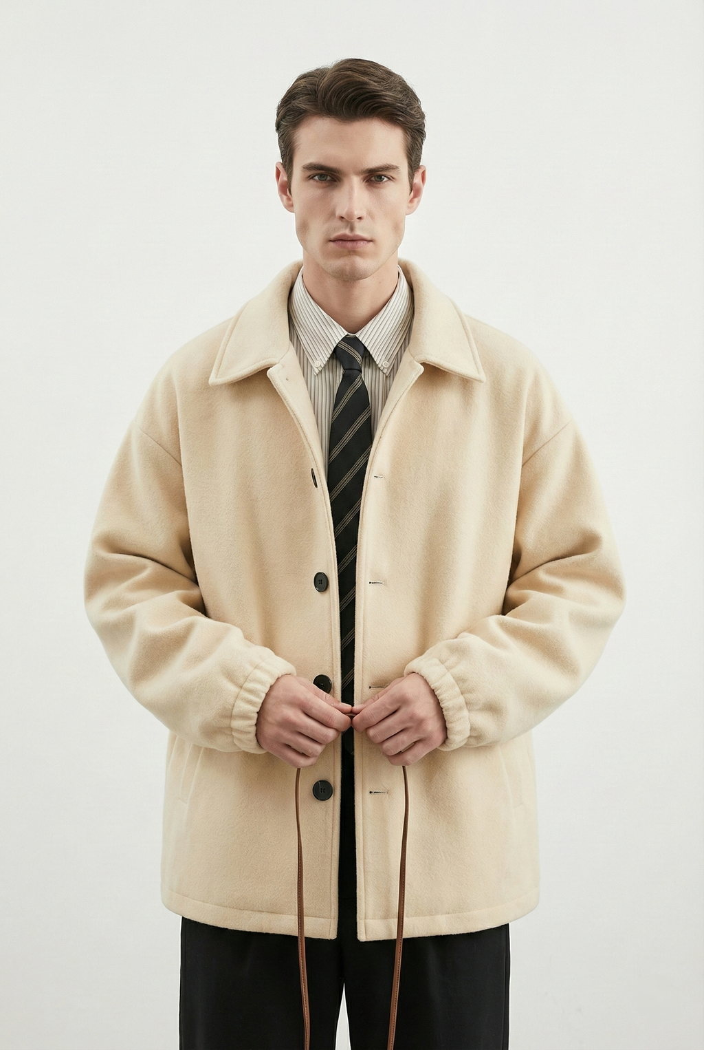 Man wearing a beige coat over a striped shirt and tie on a white background