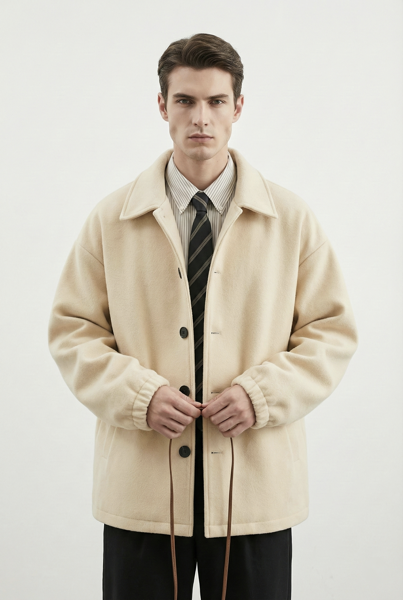 Man wearing a beige coat over a striped shirt and tie on a white background