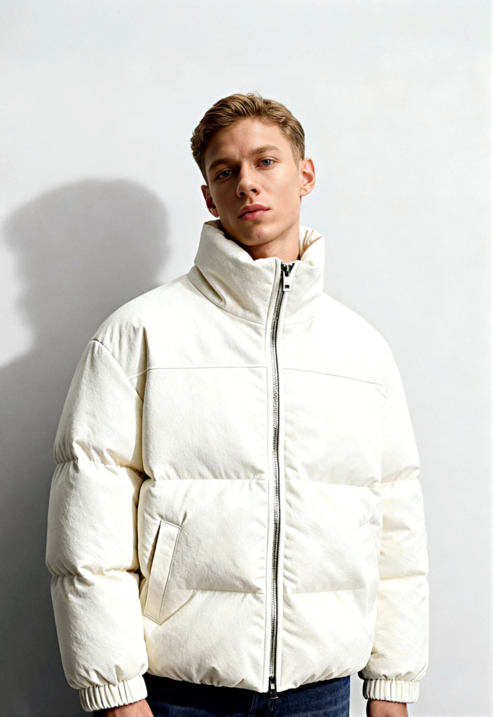 Man wearing a white puffer jacket against a plain background